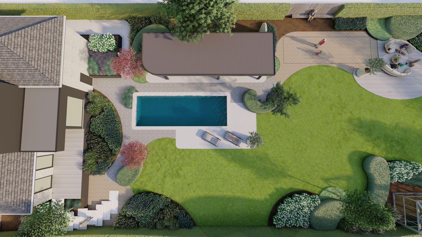 3D-visualisatie van een tuinontwerp in vogelperspectief